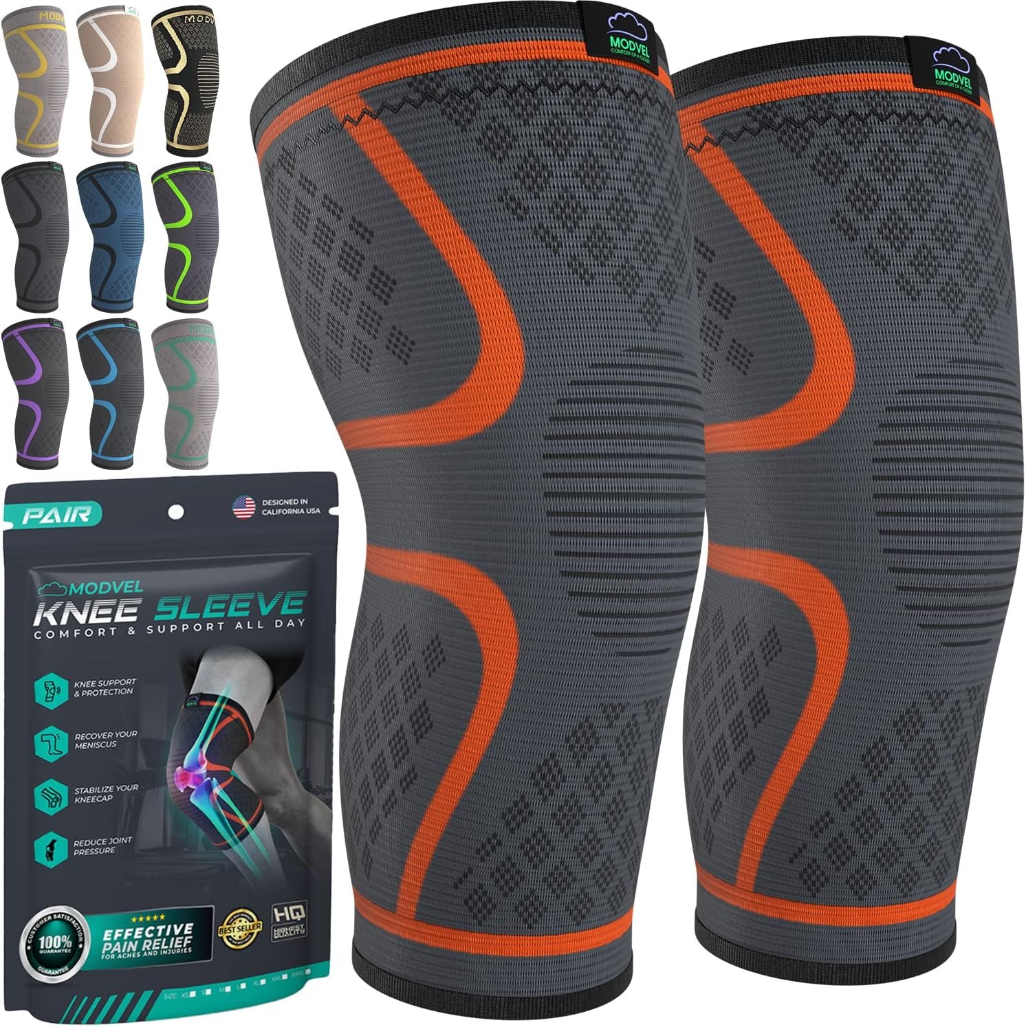 Modvel Compression Knee Brace for Women & Men – 2 Pack Knee Brace for Women Running Knee Pain, Knee Support Compression Sleeve, Workout Sports Knee Braces for Meniscus Tear ACL & Arthritis Pain Relief