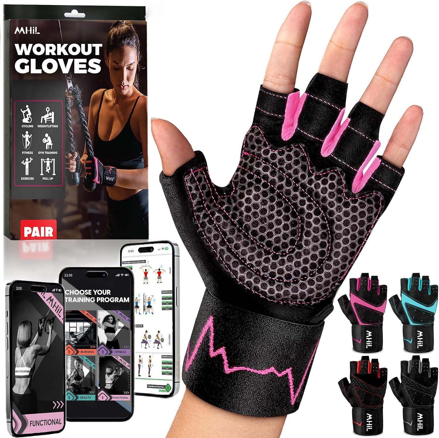 MhIL Workout Gloves for Women – Breathable Gym Gloves for Women with Palm Protection and Enhanced Grip – Padded Weight Lifting Glove for Womens with Wrist Wraps Support Weightlifting Exercise Cycling
