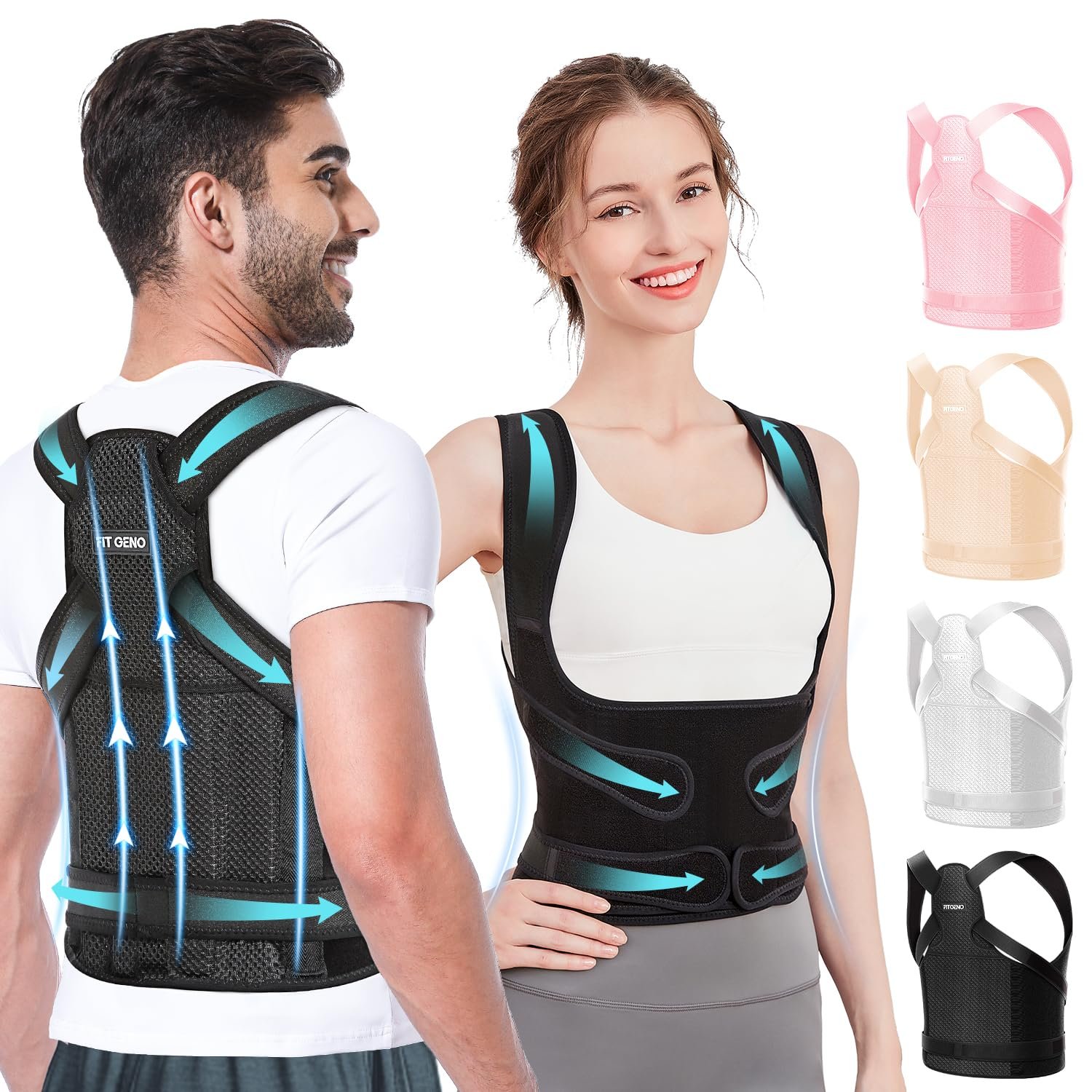 Fit Geno Posture Corrector for Women & Men, Back Shoulder Support Brace | Adjustable & Breathable, Upper Back Straightener Pulls Shoulders for Pain Relief, Neck Hump, Hunchback, Kyphosis, Scoliosis