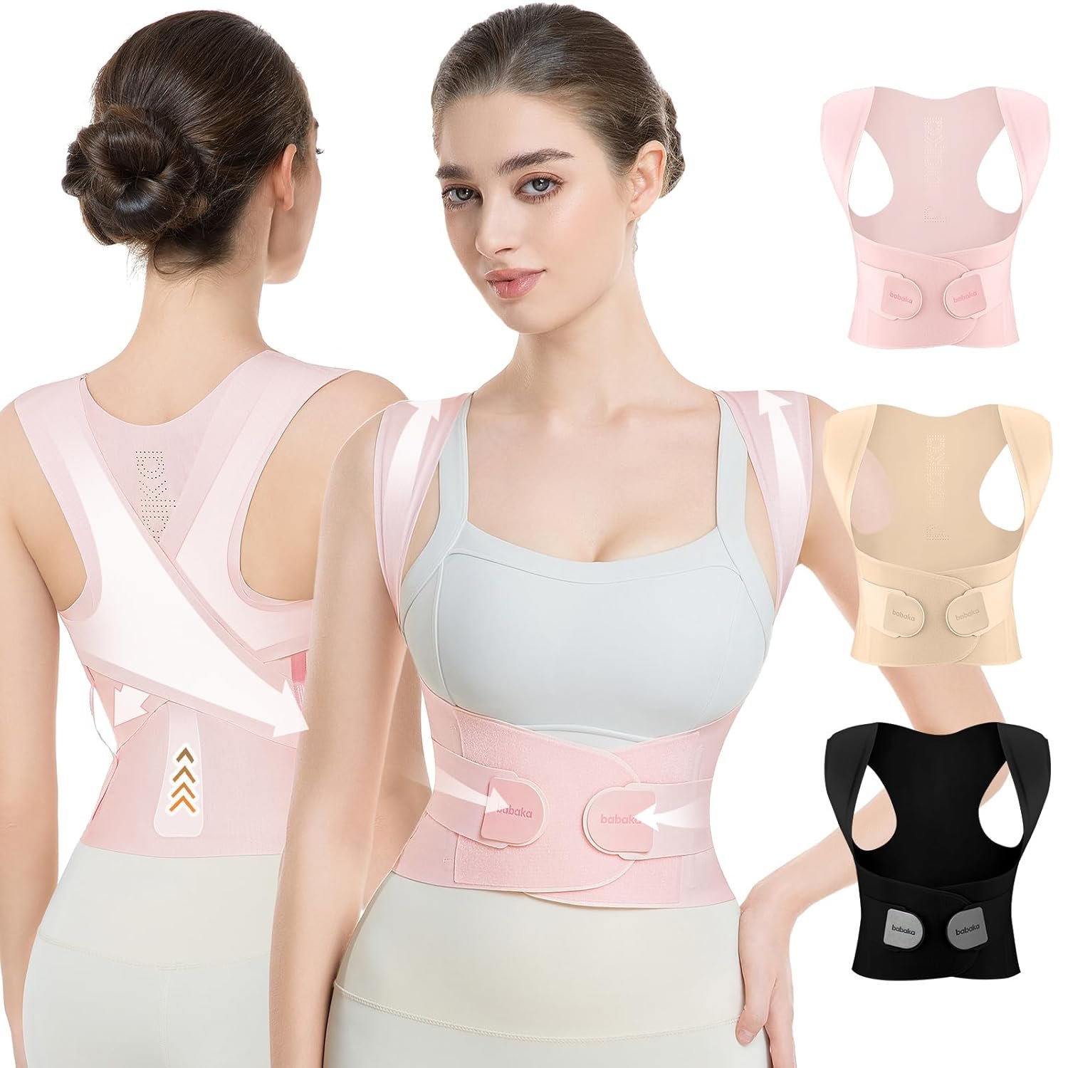 babaka Posture Corrector for Women, Invisible Lightweight Adjustable Back Brace for Upper and Lower Back Pain Relief, Hunchback, Hump, Scoliosis, Thoracic, Spine Corrector Under Clothes (Pink, Medium, Waist: 29”-35”)