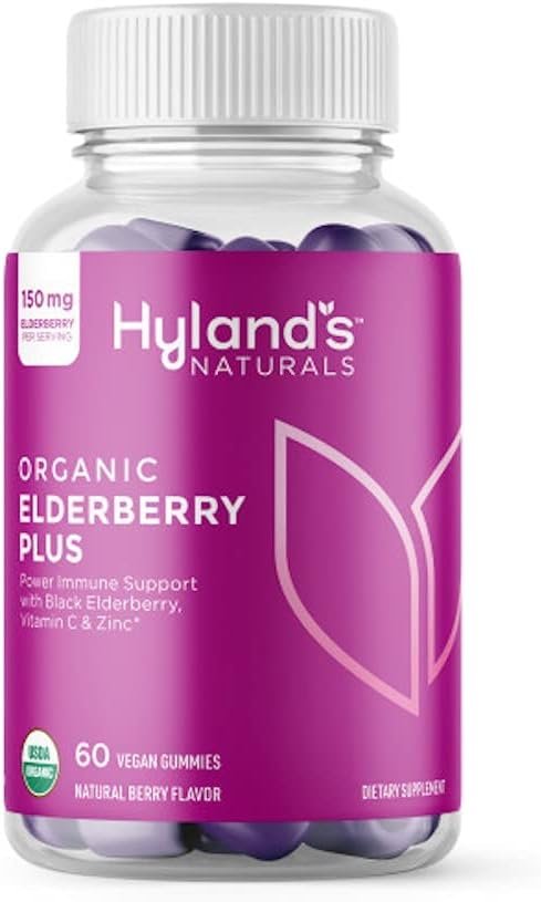 Hyland’s Organic Elderberry Plus Gummies, Organic Black Elderberry with ZINC and Vitamin C, Immune Support Supplement for Adults, 60 Vegan Gummies (30 Days)