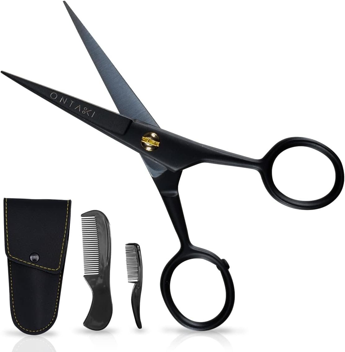 5″ Beard and Mustache Scissors for Men with Combs – German Steel – Black | Bevel-Edge Precision Styling Scissors – Complete Beard and Moustache Trimming Kit