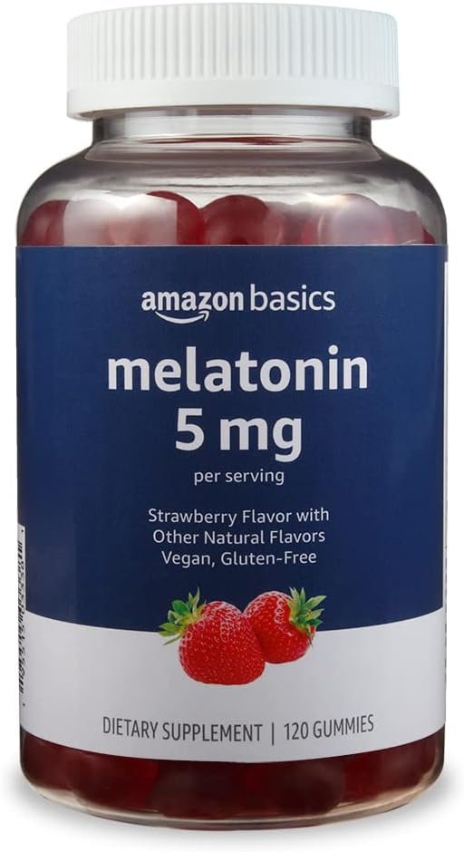 Amazon Basics Melatonin, Sleep Support Gummies, Strawberry Flavor, 5mg, 120 Count (Previously Solimo)