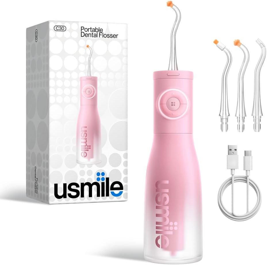 usmile C30 Cordless Water Flosser, 300ml Tank, 5 Modes, IPX7, Pink | S-Shaped Nozzle, USB-C Rechargeable Portable Oral Irrigator for Braces, Sensitive Gums, Teeth Cleaner, Home & Travel