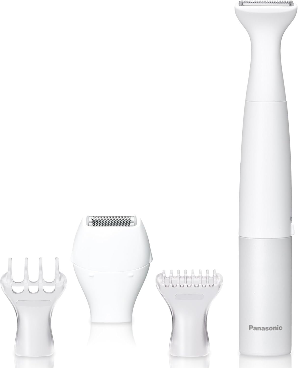 Panasonic Bikini Trimmer for Women and Shaver for Women with 4 Attachments for Fast Gentle Personal Grooming in Intimate Areas, Wet/Dry Electric Razor, Battery-Operated – ES-WV62-H (White/Silver)