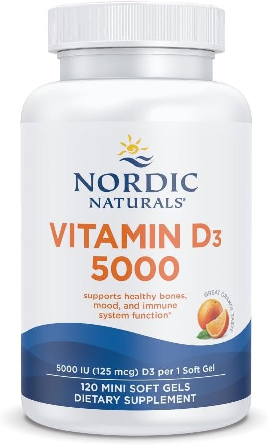 Nordic Naturals Vitamin D3 5000 IU,Non-GMO, Orange – 120 Mini Softgels | High-potency vitamin D3 for bone health, mood support & immune function. One mini softgel daily. Non-GMO. 120 servings