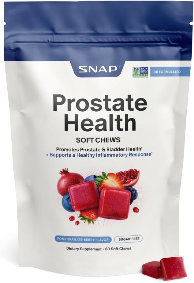 Snap Supplements Prostate Health Supplement for Men, 60 Sugar-Free Chews | Plant Sterols, Nettle Root & Reishi Mushroom – Supports Prostate and Urinary Wellness, Pomegranate-Berry Flavor, Vegan