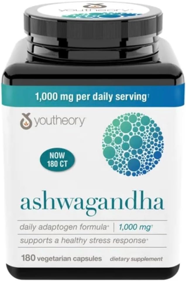 Youtheory Ashwagandha 1000mg with KSM-66 – Helps Support a Healthy Stress Response,180 Capsules (Pack of 1)