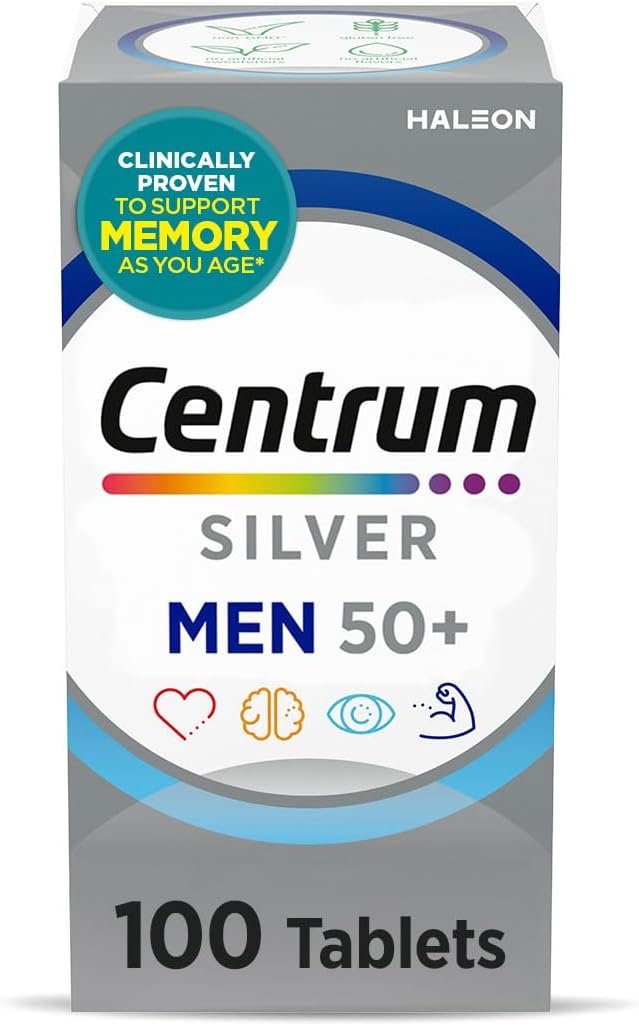 Centrum Silver Multivitamin for Men 50 Plus, Multimineral Supplement, Vitamin D3, B-Vitamins and Zinc, Gluten Free, Non-GMO Ingredients, Supports Memory and Cognition in Older Adults – 100 Ct