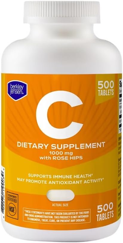 berkley jensen 1000mg Vitamin C Supplement with Rose Hips, 500 Tablets | Extra Strength Daily Immune Defense Support, For Men & Women, Gluten Free, Ascorbic Acid, NSF Certified, Made in USA