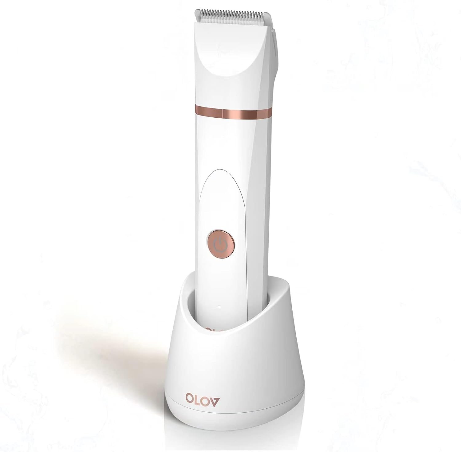 OLOV Electric Body Hair Trimmer – Groin Trimmer for Men – Bikini Trimmer Women – Wet/Dry Shaver Groomer, Replaceable Ceramic Blade Heads, USB Recharge Dock, Waterproof Hygiene Razor, White