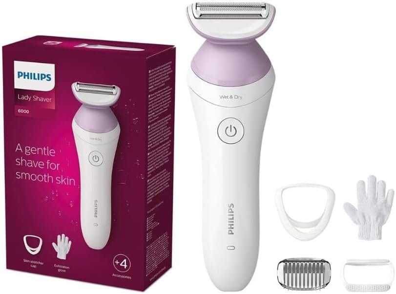 Philips Lady Shaver Series 6000, Single Foil Shaver – Wet & Dry, Cordless – Includes 4 attachments (trimming comb, soft glide cap, skin stretcher, exfoliation glove) – White/Purple – BRL136/00