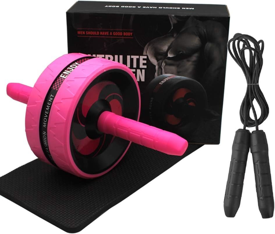 BiJun Ab Roller Wheel for Abs Workout – Complete Home Gym Set with AB Wheel Roller, Knee Mat, and Jump Rope (Pink)