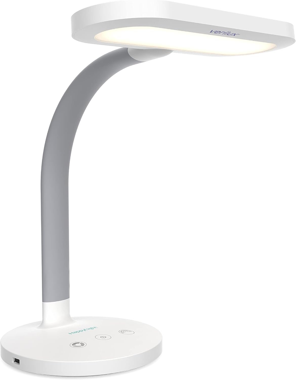 Verilux HappyLight Duo – 2-in-1 Light Therapy & Task Desk Lamp – UV-Free Full Spectrum LED, 10,000 LUX, Adjustable Brightness and Color, Flexible Gooseneck, and Integrated USB Charging Port
