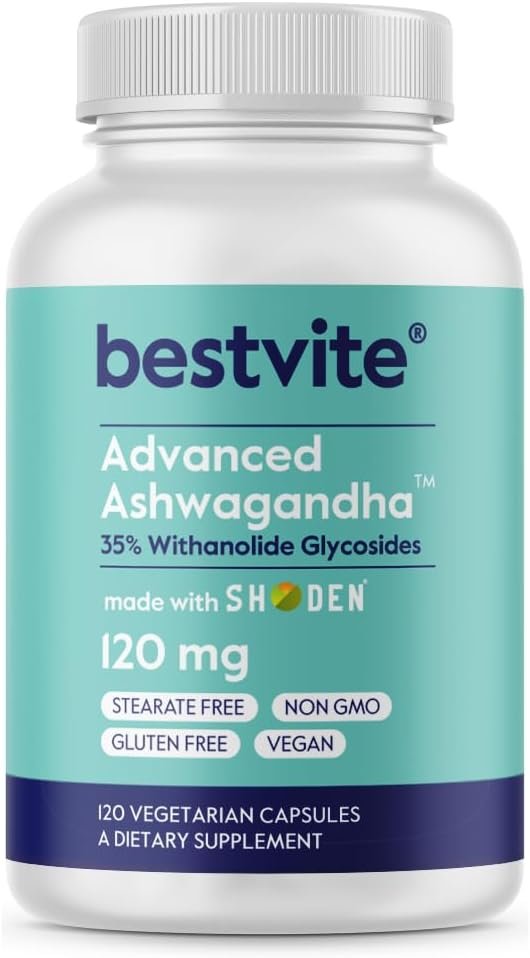 BESTVITE Advanced Ashwagandha 120mg w/Shoden (120 Vegetarian Capsules) – Clinically Studied Containing Industry Leading 35% Withanolide Glycosides – No Stearates – Vegan – Non GMO – Gluten Free