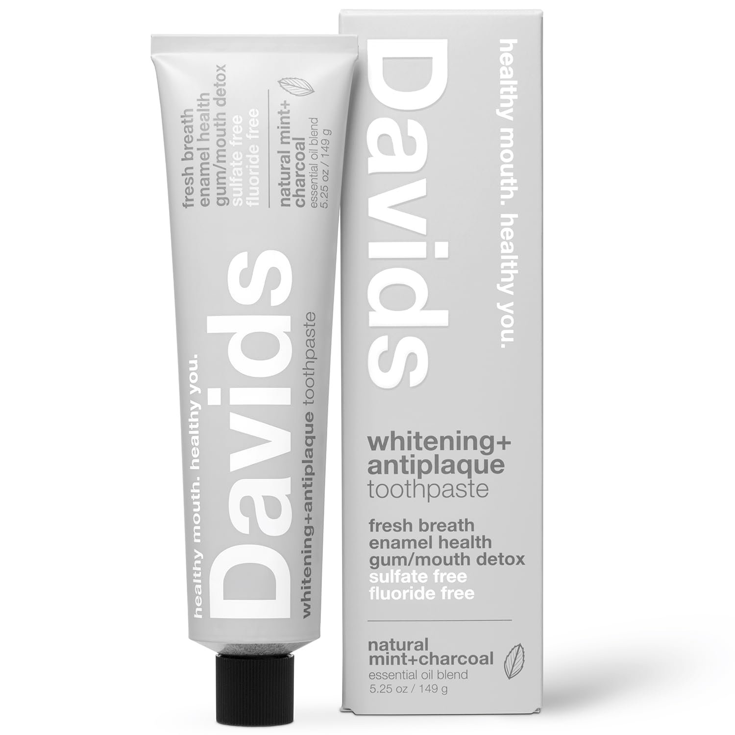 Davids Charcoal Toothpaste Whitening SLS Free Enamel Safe Peppermint 5.25oz | Antiplaque Protection, Fluoride Free Formula, Packaged in a Recyclable Metal Tube for Less Plastic Waste