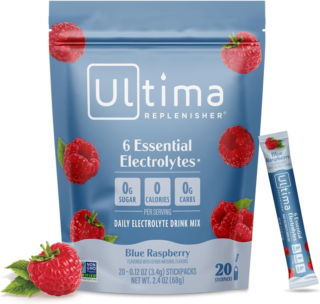 Ultima Replenisher Blue Raspberry Electrolyte Packets, 20 Stickpacks | Daily Zero Sugar Powder Hydration Packets with 6 Key Electrolytes & Minerals – Sugar Free & Keto Friendly