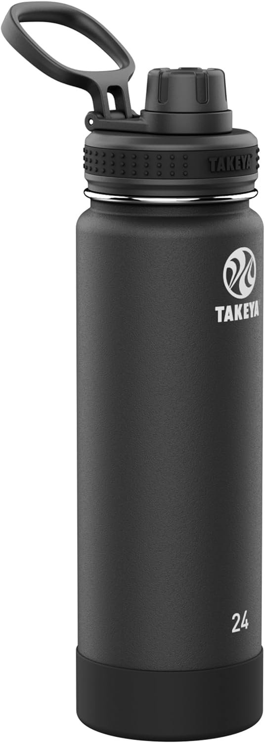 Takeya Actives Stainless Steel Water Bottle, Insulated Spout Lid, Keeps Drinks Cold 24 Hrs, Leakproof, Durable, Dishwasher Safe, Ideal for Gym, Travel, Fits Most Cup Holders, 24 oz/Onyx