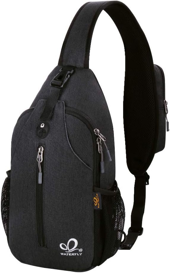 WATERFLY Crossbody Sling Backpack Sling Bag Travel Hiking Chest Bag Daypack (Black) | Small Hiking bag,Multi-compartment storage,Water-resistant,Breathable back pad,Reversible adjustable shoulder strap