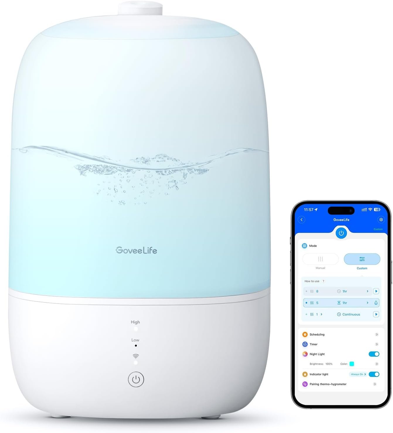 GoveeLife Smart Humidifiers for Bedroom, 3L Top Fill Cool Mist Humidifier | 24dB Quiet Runtime, Humidity Control, Easy to Clean, 25H Lasting, RGB Night Light for Baby, Plants, Works with Alexa