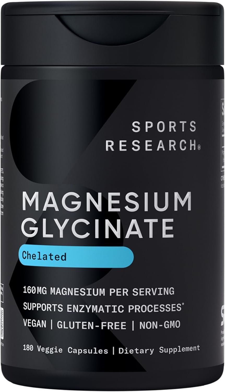 Sports Research® Magnesium Glycinate 160mg, 180 Veggie Capules | 1441mg Cheletated Magnesium per Serving | Gentle on the Stomach | Non-GMO, Soy Free, Essential Mineral