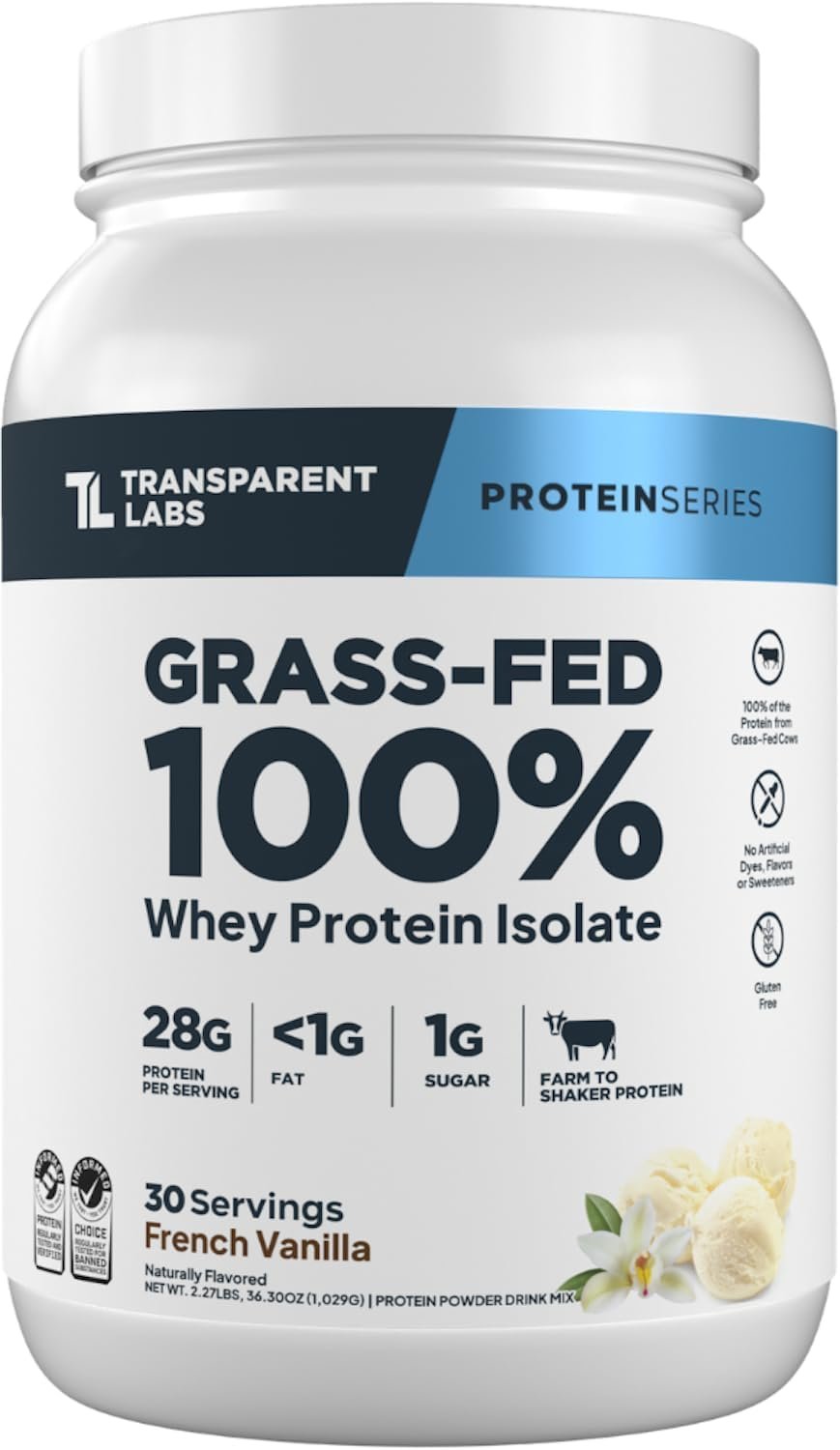 Transparent Labs Grass-Fed Whey Protein Isolate – Naturally Flavored, Gluten Free Whey Protein Powder with 28g of Protein per Serving & 9 Amino Acids – 30 Servings, French Vanilla