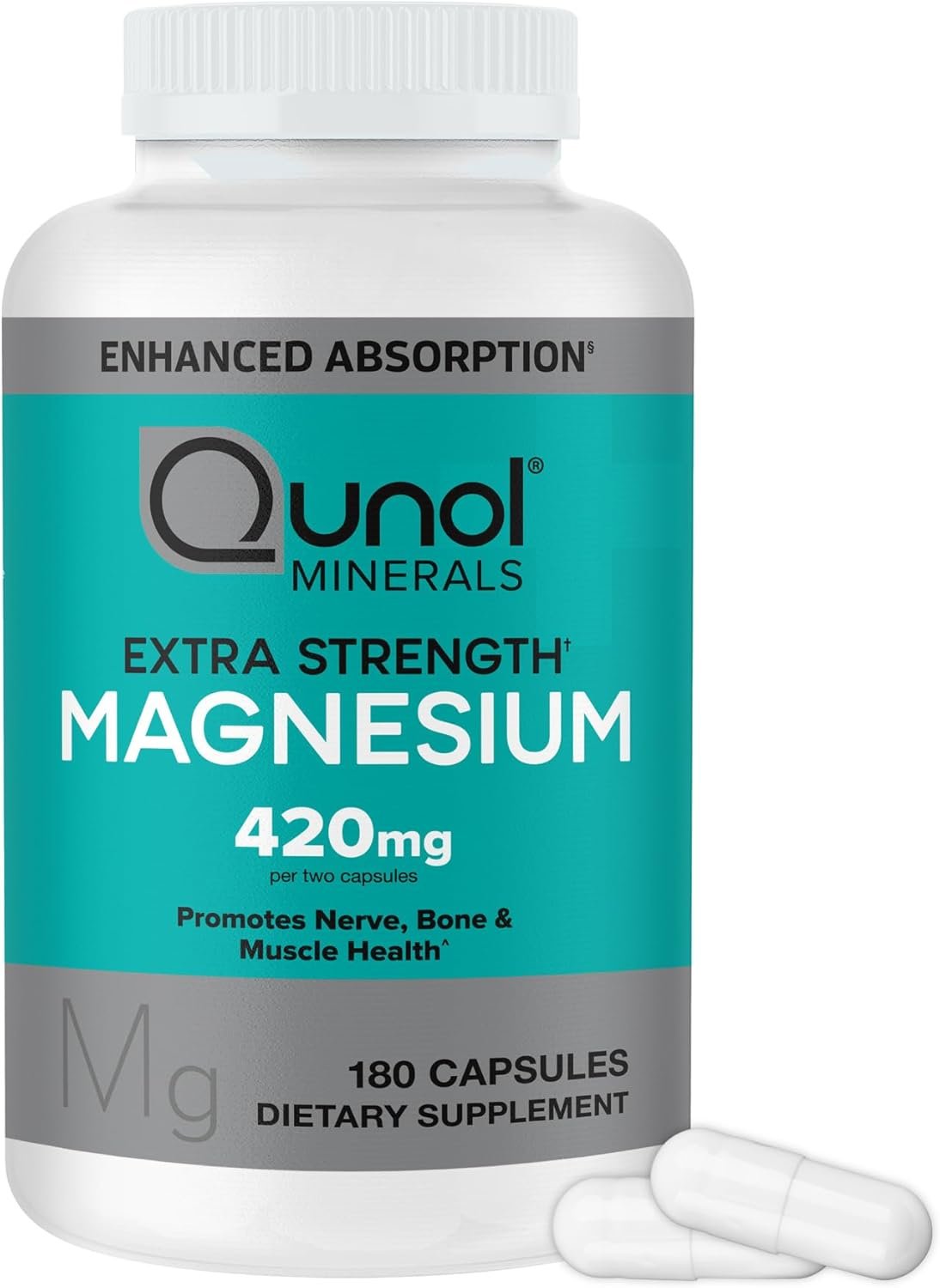 Qunol Magnesium 420mg, Extra Strength, High Absorption, Vegetarian, 180ct | 100% Daily Value, Supports Nerve, Bone & Muscle Health, Cognitive Performance, Healthy Stress Response; Gluten-Free, Non-GMO