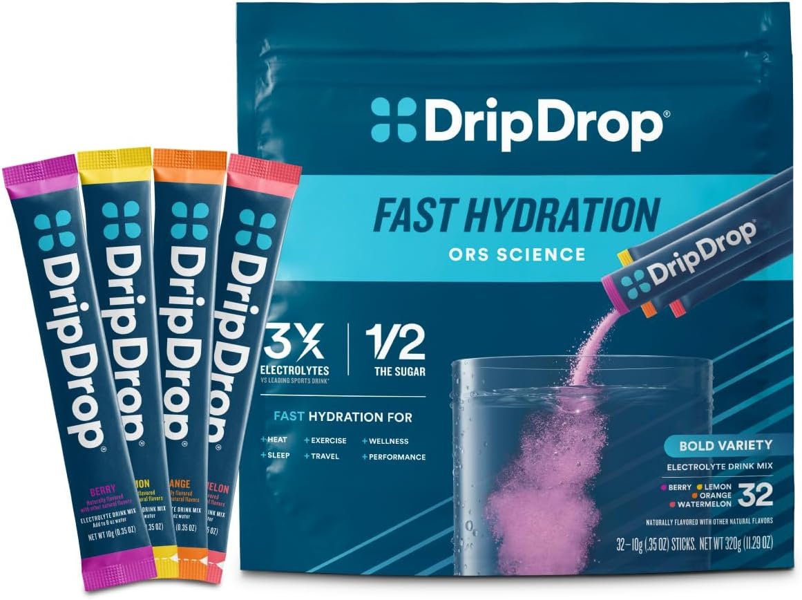 DripDrop Hydration Bold Variety Pack, Electrolyte Packets, 32 Count | Watermelon, Berry, Lemon & Orange; 3X Electrolytes, Vitamin C, Magnesium, Potassium, Zinc; Single Serve Powder Drink Mix