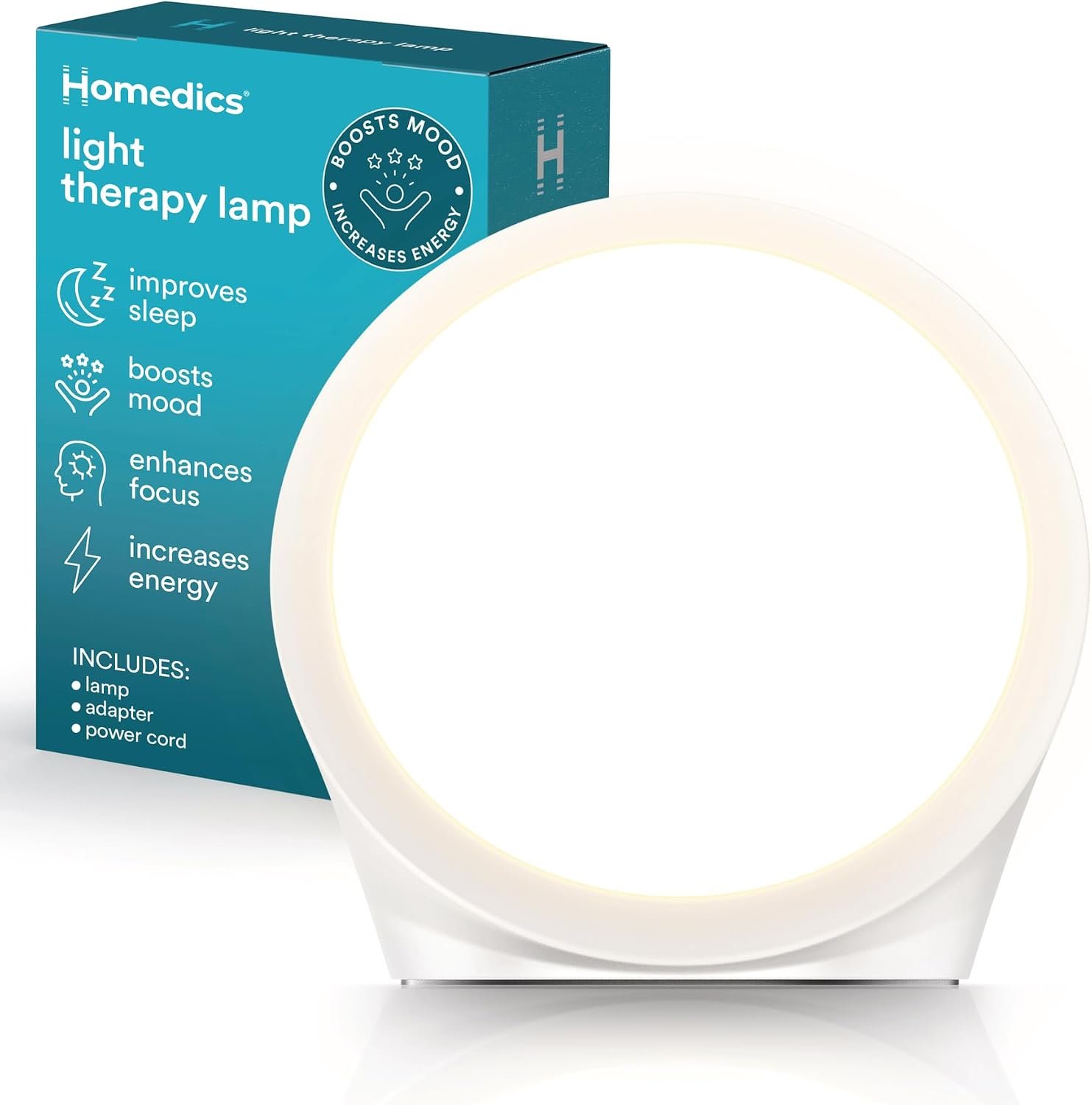 Homedics Light Therapy Lamp, Sun Lamp,10,000 Lux, UV-Free, Full Spectrum LEDs for Improved Sleep, Boosted Mood & Increased Energy, Adjustable Color Temperature, 6 Timer Settings, Compact & Stylish