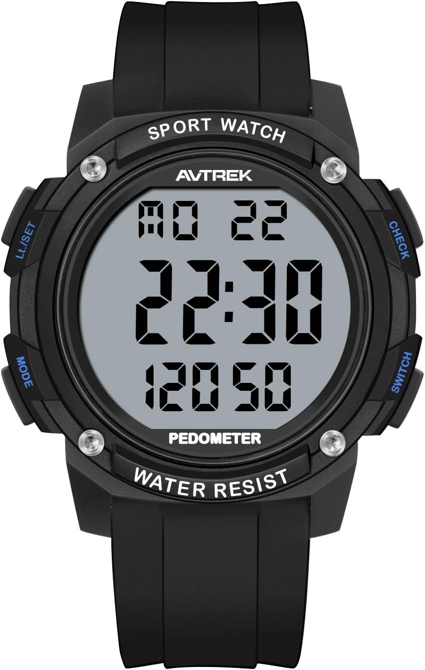 AVTREK Pedometer Watch for Walking Steps and Miles No Bluetooth/APP Needed | 50M Waterproof, 5-second Backlight, Digital Step Counter Watch, Sport Simple Fitness Tracker for Men, Silicone Watch Strap