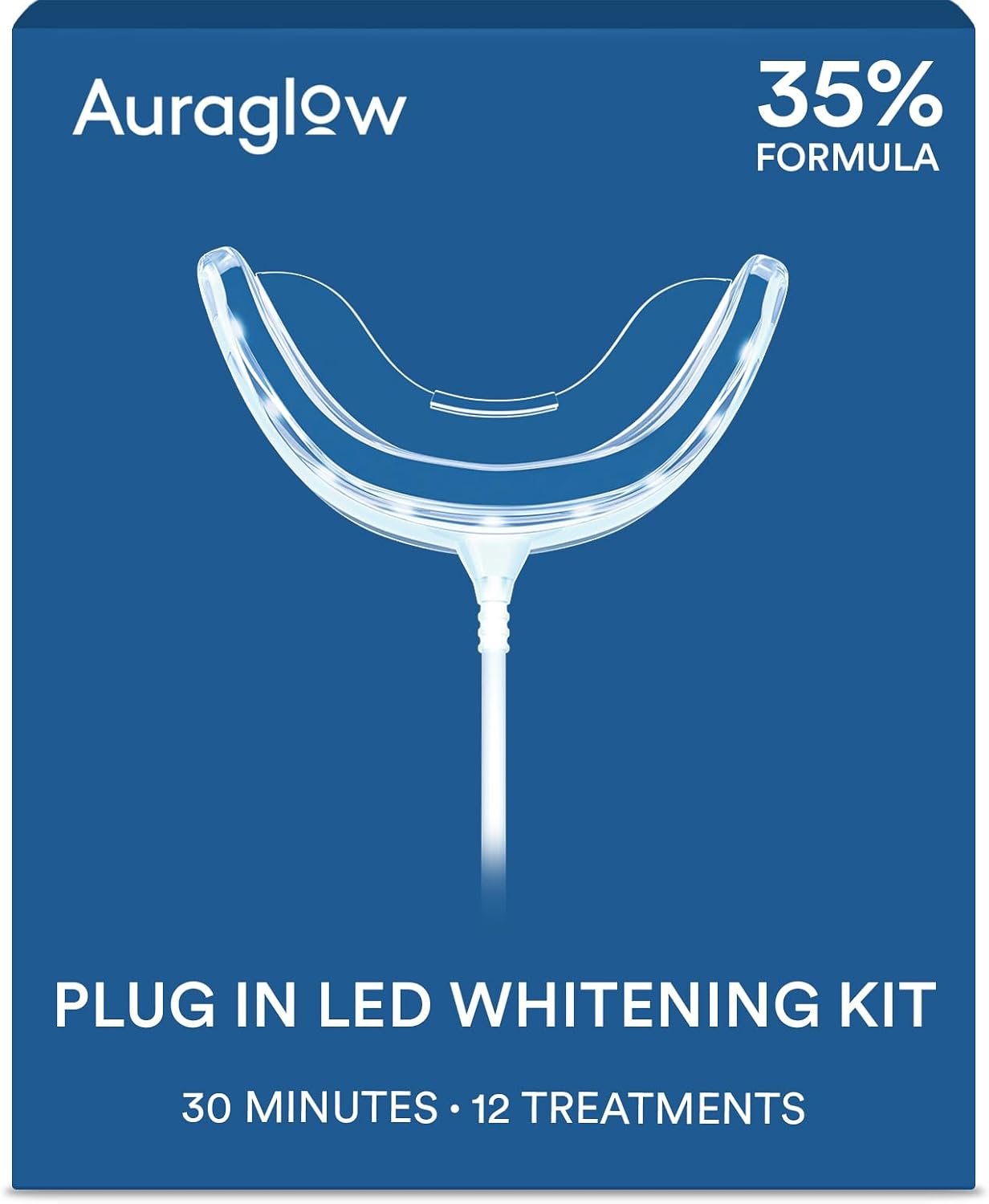 Auraglow Plug-in LED Teeth Whitening Kit – Wired Light Device – 35% Carbamide Peroxide Gel – 12 Treatments – at-Home Tooth Whitening System – Enamel-Safe at-Home Whitening for Coffee & Tea Stains