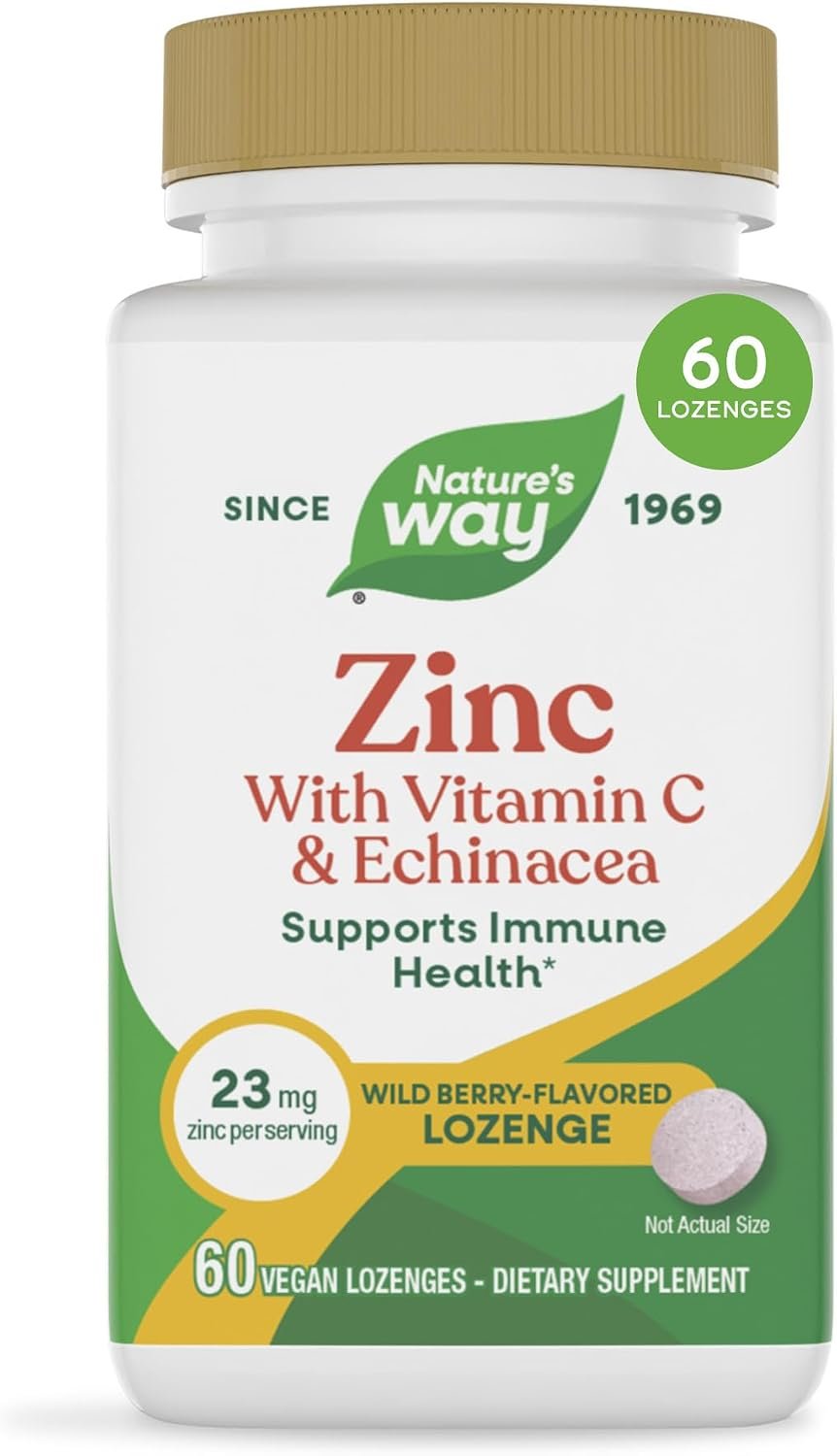 Nature’s Way Zinc Lozenges with Vitamin C & Echinacea, Zinc Supplements for Men and Women, Convenient Lozenge Supports Immune Health and Function*, Vegan, Wild Berry Flavored, 60 Count