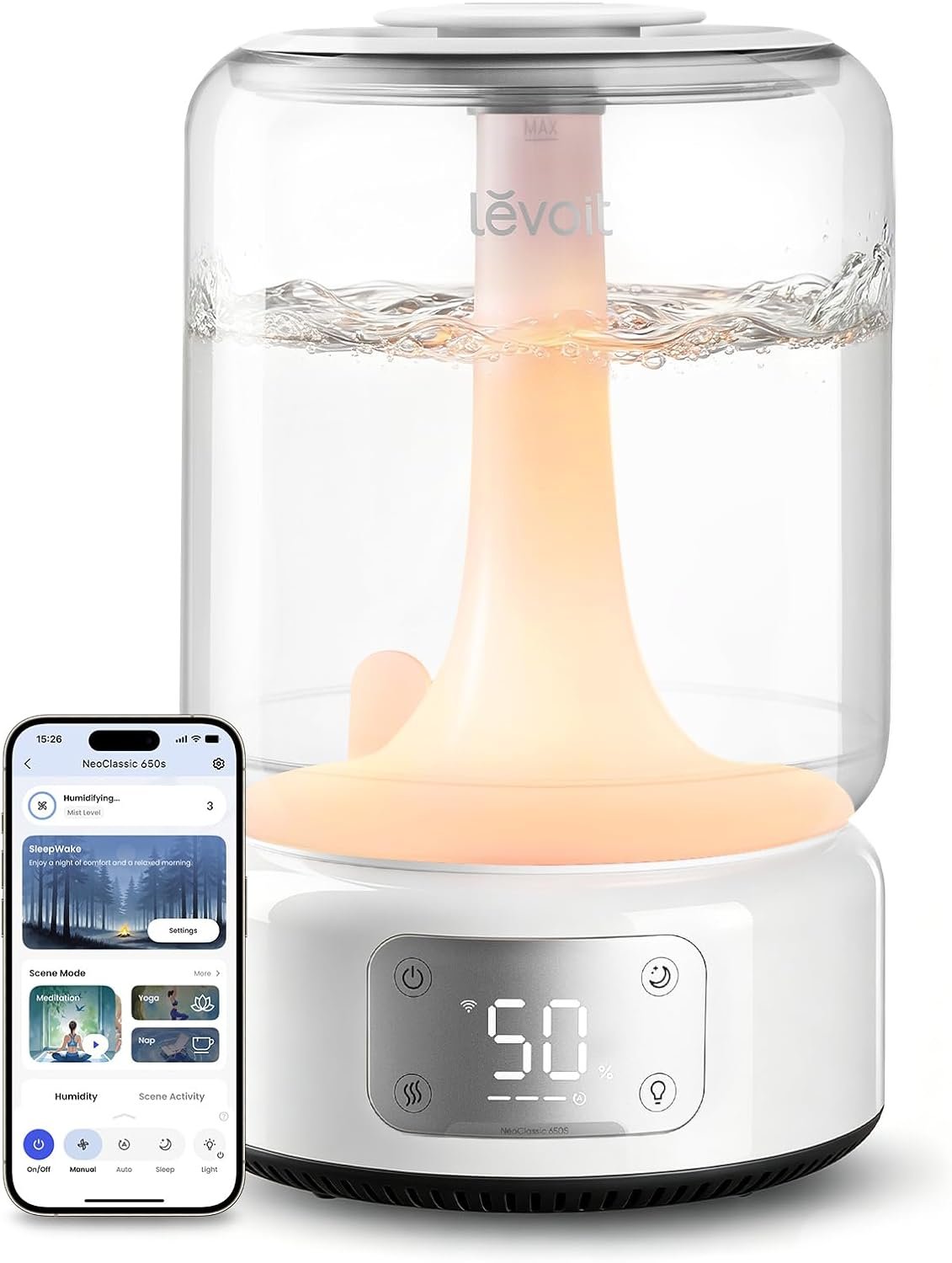 Levoit Humidifiers for Bedroom Large Room, 6.2L Dishwasher Safe, Smart App | Top Fill Cool Mist Humidifier for Baby & Plants, Easy to Clean, Quiet 26dB, 62H Runtime, Essential Oil, NeoClassic 650S