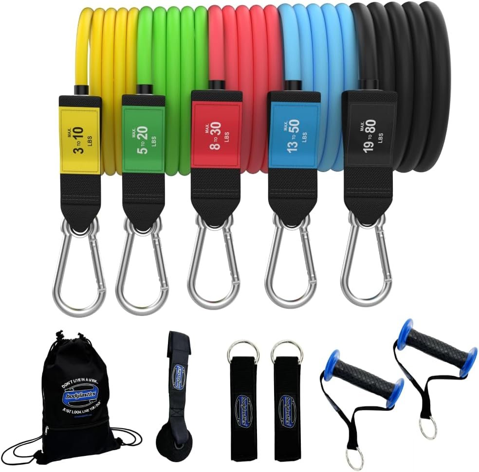 Bodylastics Patented Basic Series Resistance Band Set – Resistance Bands with Snap Reduction Tech, 2 Handles, 2 Ankle Straps, 1 Door Anchor & 1 Carry Bag