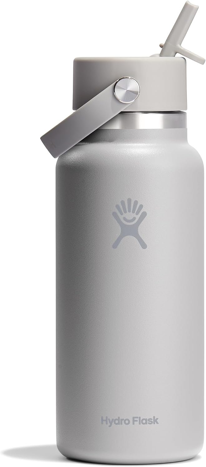 Hydro Flask Water Bottle – Insulated Stainless Steel – Wide Mouth Flex Straw Lid, Non Spill, Leakproof and Refillable in 32 Oz Tonal Birch