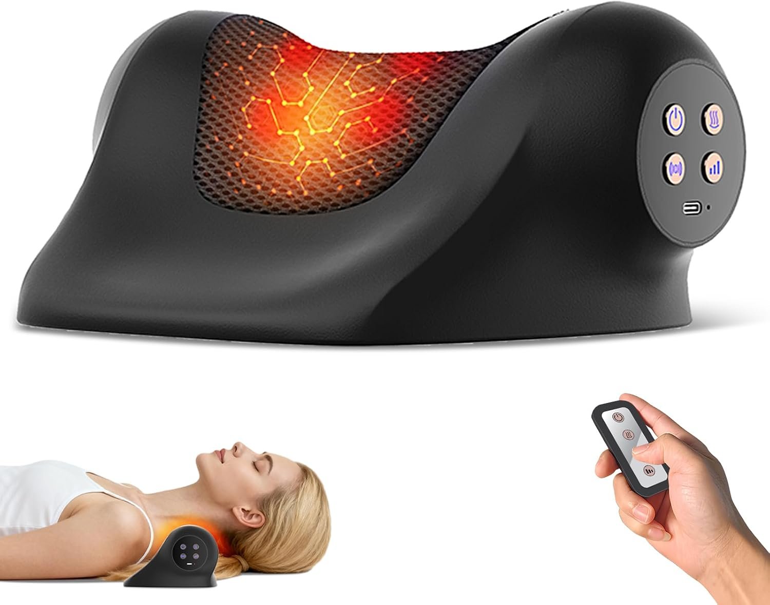 Neck Massager with Heat, Red Light & Vibration Adjustable, Heated Neck Stretcher with 3 Modes, Rechargeable Cervical Traction Device for Pain Relief & Muscle Relaxation, Gift for Women Men