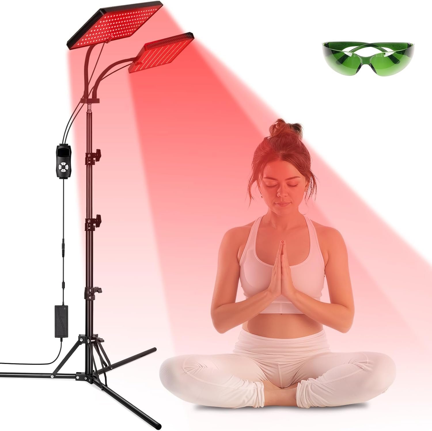SAVILER® Red Light Therapy Lamp with Stand, 140 LEDs 660nm Red & 850nm Near Infrared Light Therapy for Face and Body, Dual Head Panel with Timer, 5 Brightness Levels, Pulse Mode, Wall or Floor Mount
