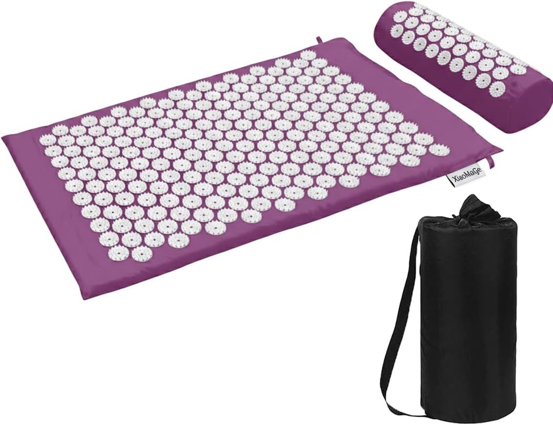 XiaoMaGe 28.7″ Acupressure Mat and Pillow Set with Carry Bag (Purple) | Large acupuncture mat for neck & back pain relief, muscle relaxation, circulation support, and post-workout recovery