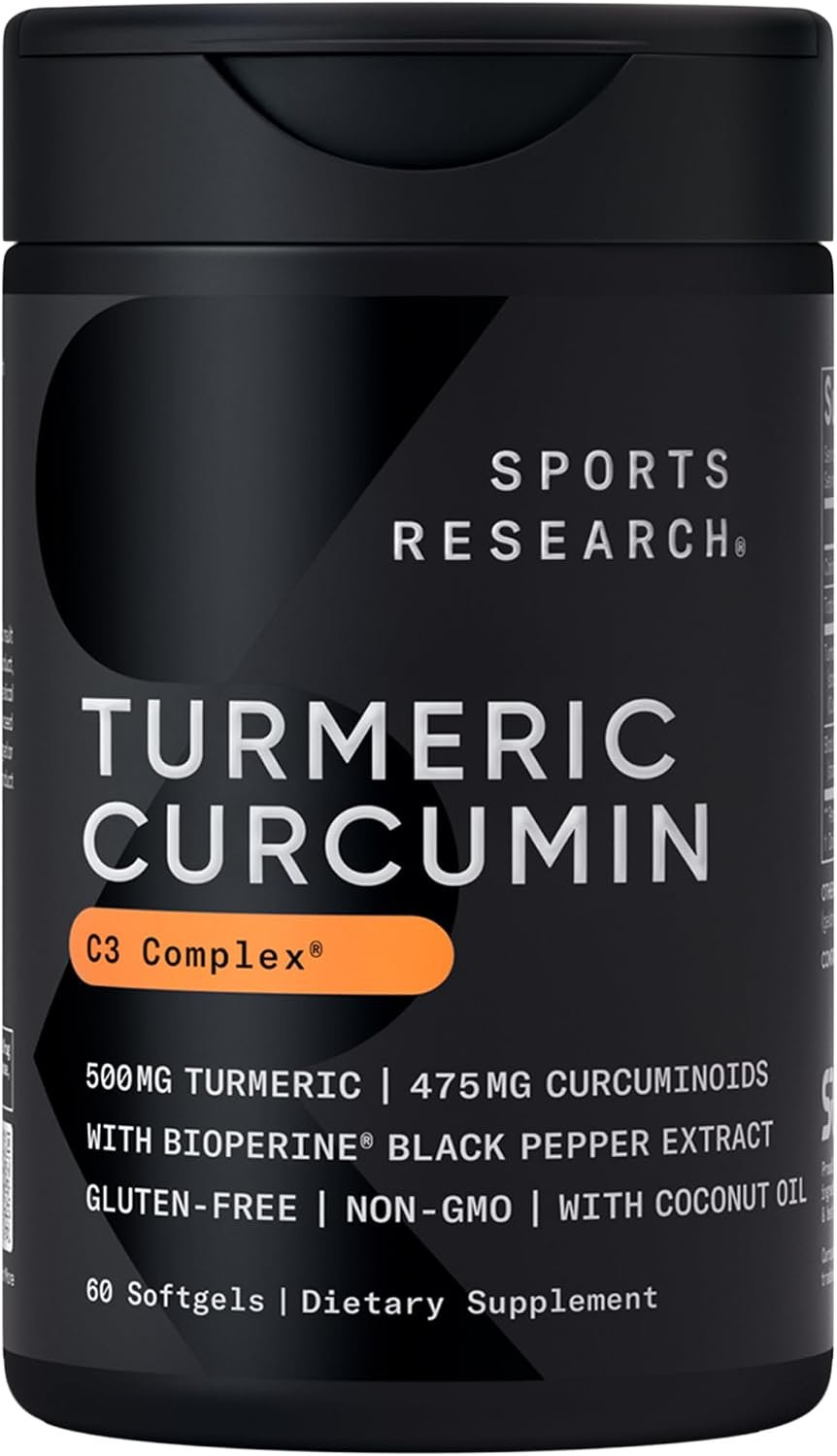 Sports Research® Turmeric Curcumin w/Coconut Oil & BioPerine® – 60 Count | Made with Curcumin C3 Complex® 500mg | Standardized to 95% Active Curcuminoids | Non-GMO, Gluten-Free – 60 Softgels