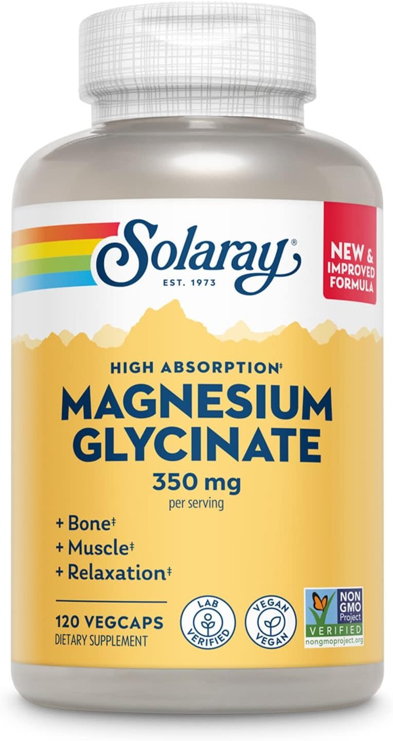 SOLARAY Enhanced Absorption Magnesium Glycinate 350 mg, 120 VegCaps | Muscle, Bone & Heart Support, Chelated Magnesium Bisglycinate with BioPerine, 30 Servings, Vegan, Lab Verified