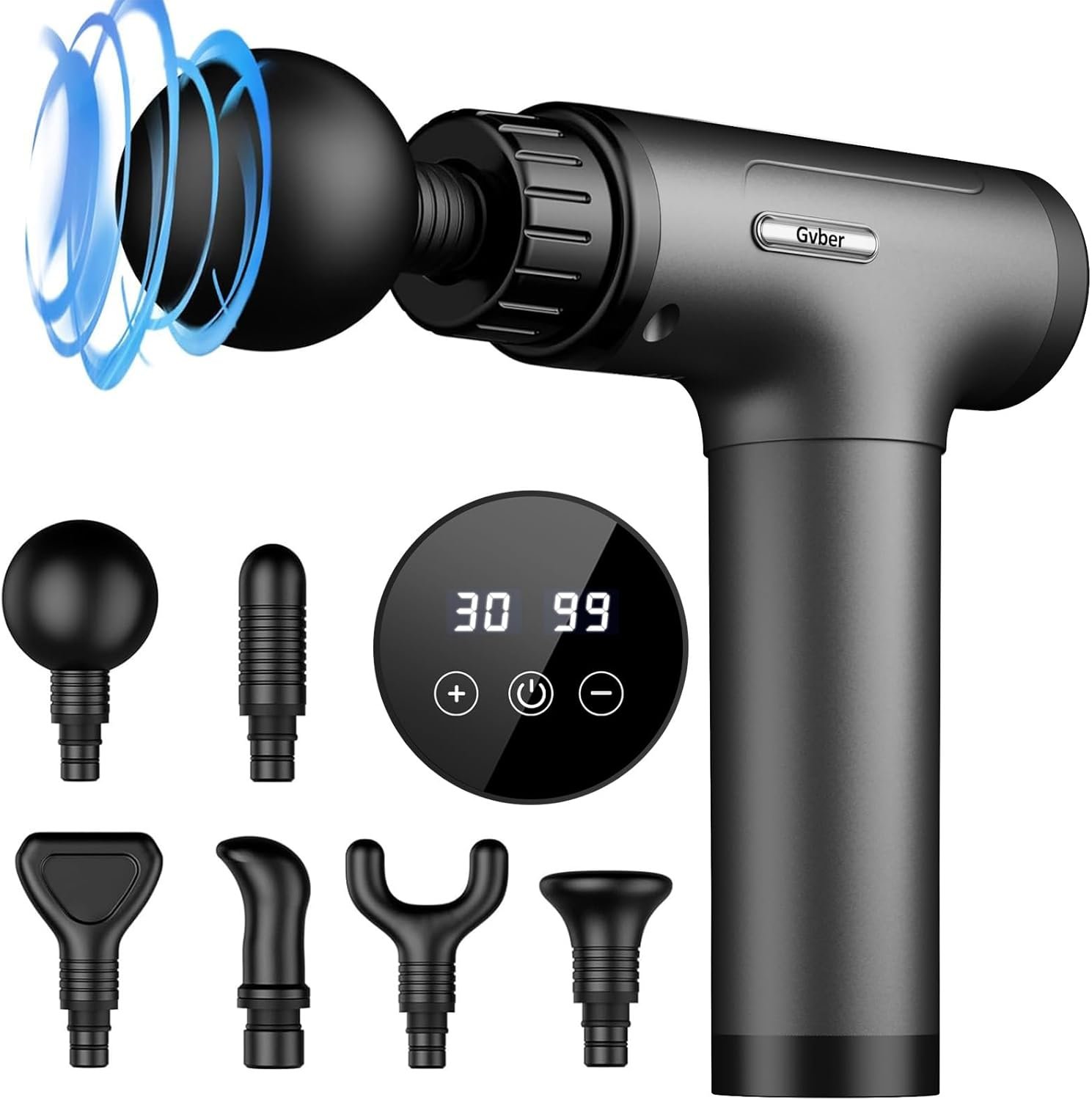 Gvber Massage Gun 30 Speed 6 Heads Percussion Muscle Pain Relief, Grey | Handheld Quiet Deep Tissue Back Massager Relieves Back, Neck, Shoulder, Leg & Foot for Athletes & Home Gym