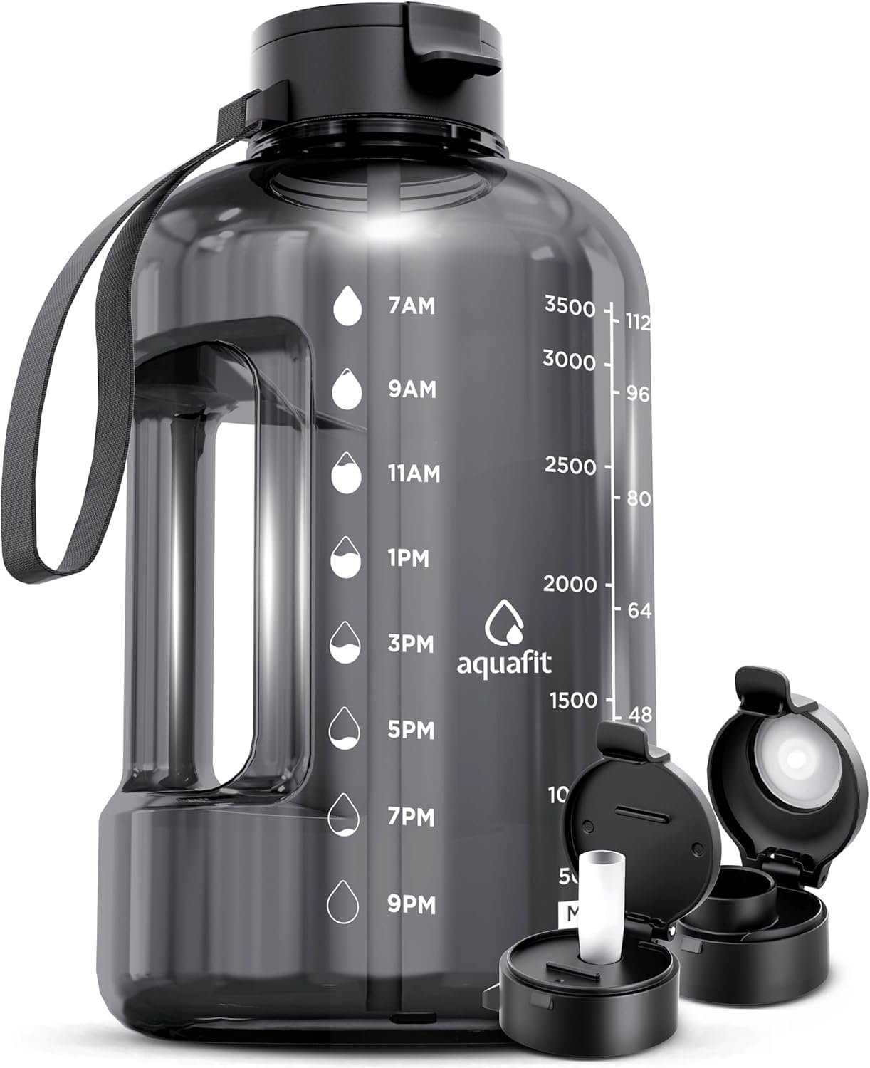 AQUAFIT 1 Gallon Water Bottle with Time Marker | BPA Free 128 oz Water Bottle with Straw and Chug Lids – Leakproof Gym Water Bottle with Carry Handle (Gray)