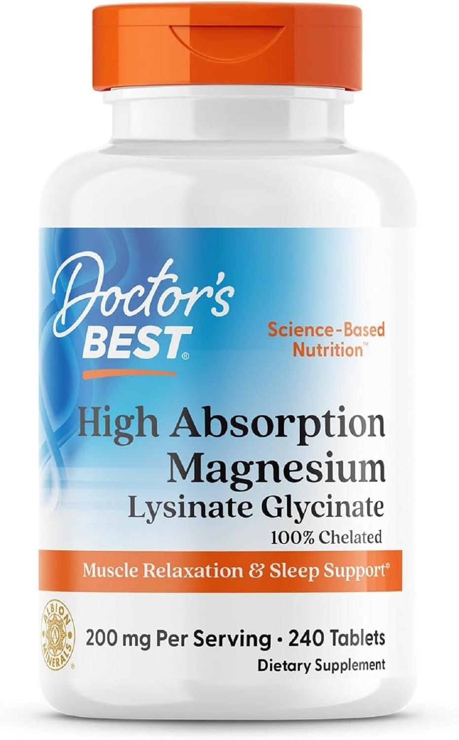 Doctor’s Best High Absorption Magnesium Glycinate Lysinate Supplement for Sleep Support – Chelated Magnesium Tablets for Women & Men, 200mg per Serving, Supports Calm & Relaxation, Vegan – 240 Count