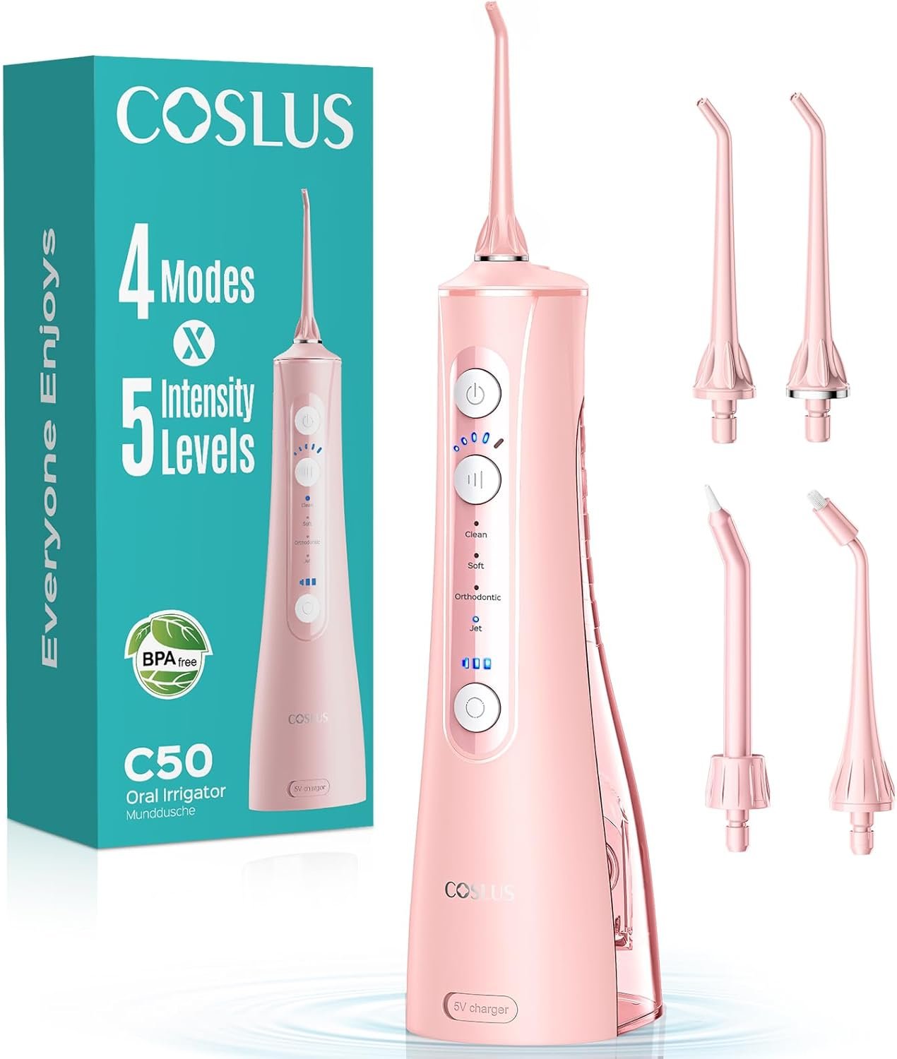 COSLUS ADA Accepted C50 Water Dental Flosser, 4 Modes 5 Intensity Levels | Professional Water Teeth Pick for Braces, Orthodontics & Sensitive Gums, Compact Cordless for Family Home Travel,Pink