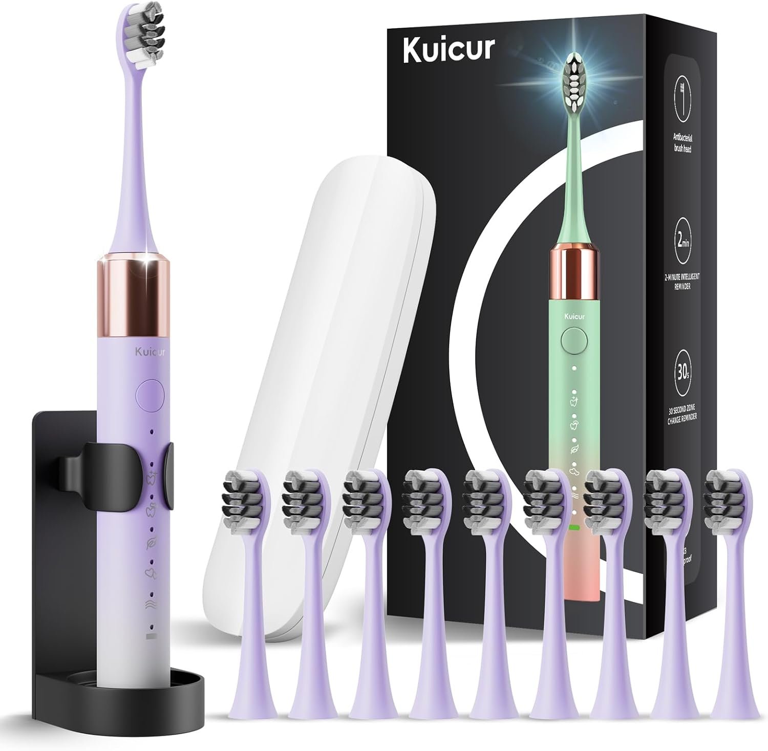 Kuicur Sonic Electric Toothbrush for Adults & Kids, Rechargeable Electric Toothbrush with 10 Brush Heads & Travel Case, Teeth Whitening, Holder, Charge for 120 Days – Purple