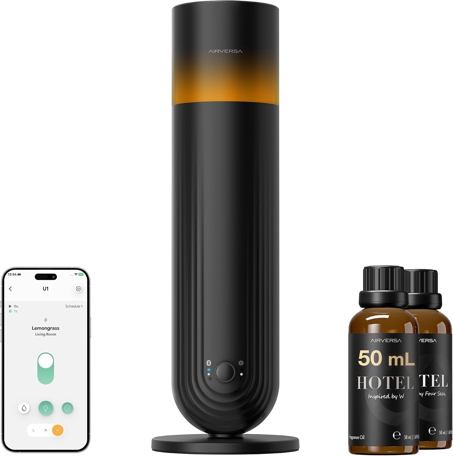 Airversa U1 Smart Tower Waterless Diffuser Starter Kit for Room, Black | 2x50ml Hotel Scent Fragrance Oil, Up to 1200 sq ft, App Control, Cold Air, 120mL, DC-12V/1A, Scent Air Machine, U1kit-2X50