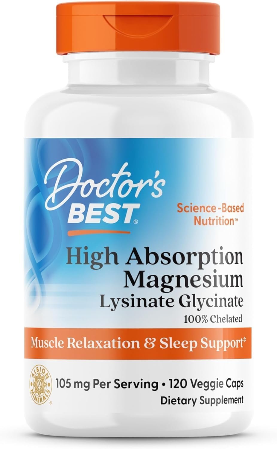 Doctor’s Best High Absorption Magnesium Glycinate Lysinate Supplement for Sleep Support – Chelated Magnesium Capsules for Women & Men, 105 mg per Serving, Calm Support, Vegan – 120 Veg Caps