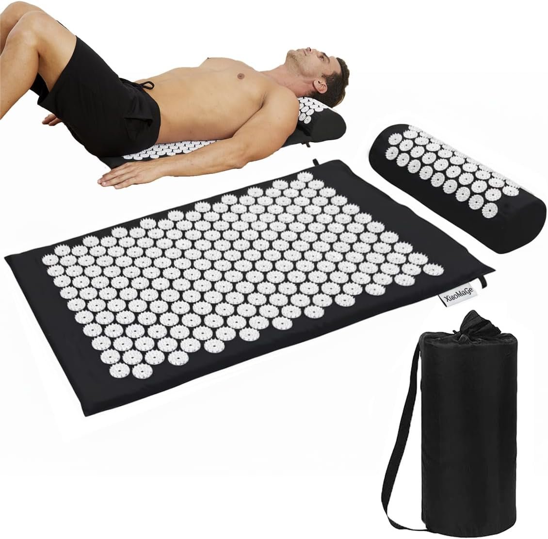 XiaoMaGe 28.7″ Acupressure Mat and Pillow Set with Carry Bag (Black) | Large acupuncture mat for neck & back pain relief, muscle relaxation, circulation support, and post-workout recovery