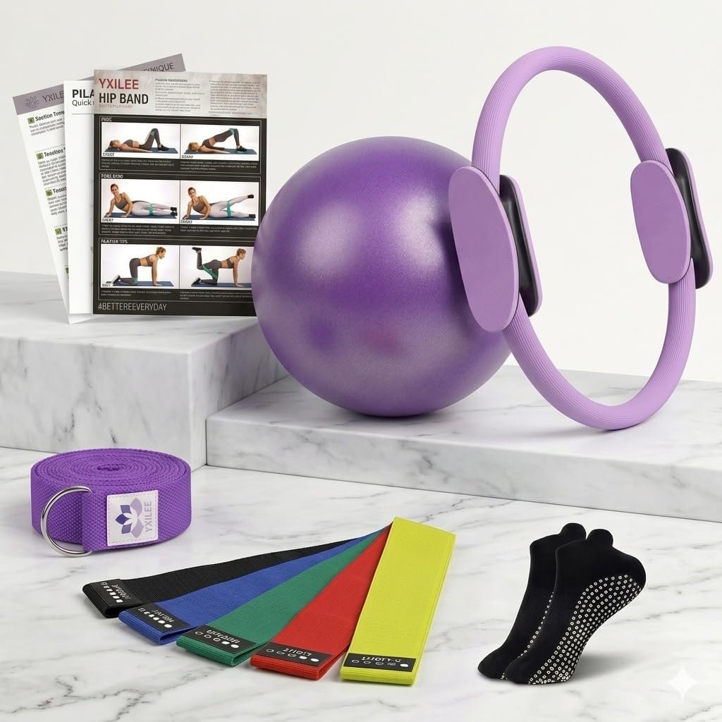 YXILEE Pilates Ring Circle Set – Workout at Home Workout Equipment Women – Booty Bands Stretching Equipment Pilates Mini Exercise Ball for Legs Arms and Thighs