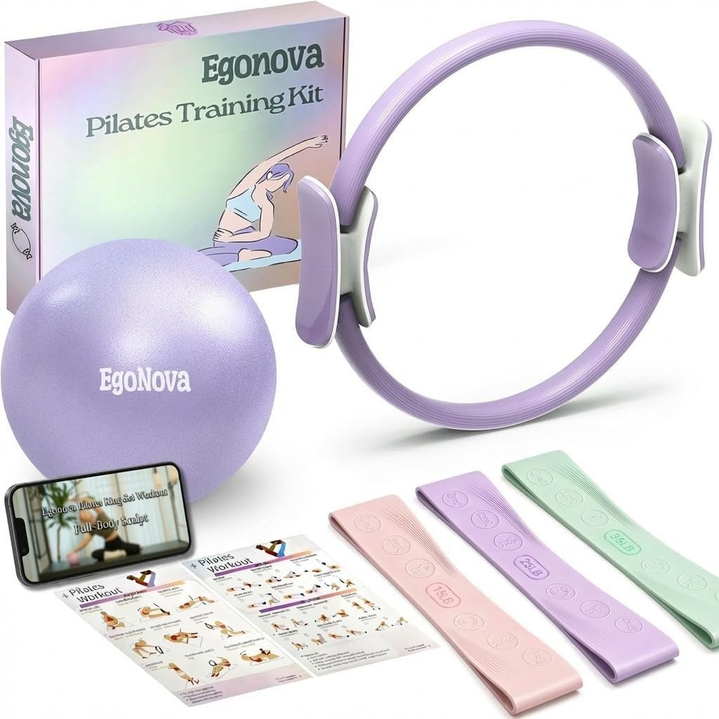 Pilates Ring Set: 14-Inch Magic Circle with Dual Padded Handles, Pilates Mini Ball, and Resistance Bands (15, 25, 35 lbs) for Strength, Flexibility, Stability, and Body Toning